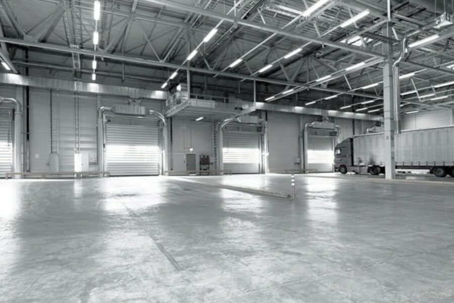 Batten lights illuminating a warehouse