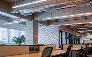Empty modern office space with suspended LED linear lights