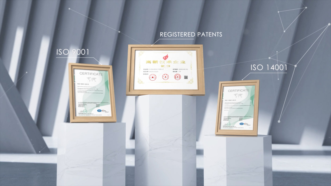 Three certificates in frames for registered patents and ISO system adherence