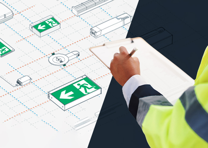 Worker with clipboard with emergency lighting schematic illustration