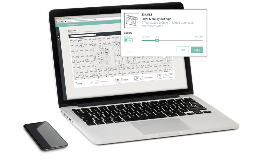 Laptop and phone with lighting floorplan and UI element