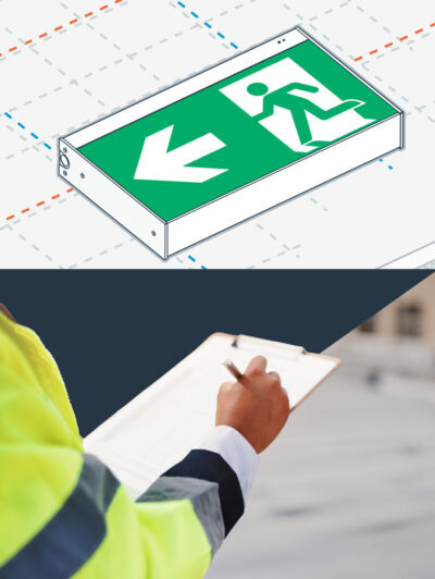 Person in high vis with a clip board and illustration of emergency exit sign
