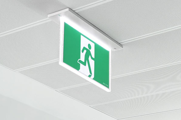 Ektor Razor Emergency Exit Sign mounted to ceiling