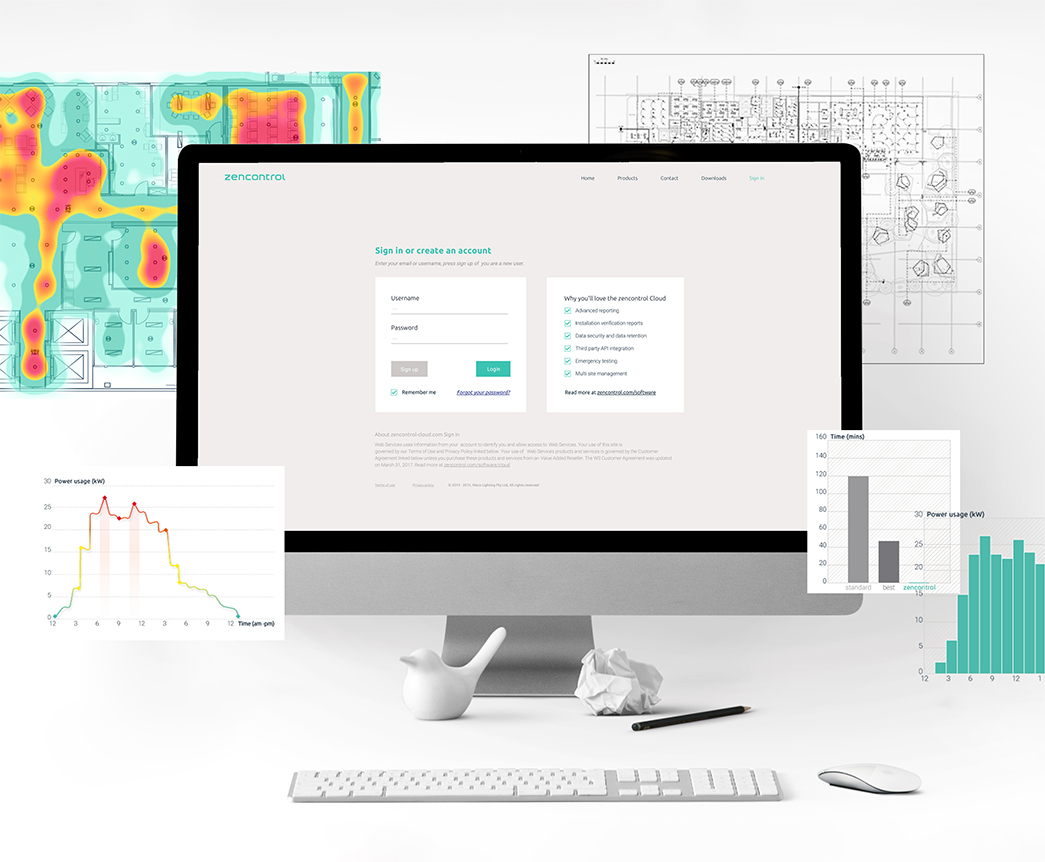 Desktop computer with lighting control dashboard and UI elements floating